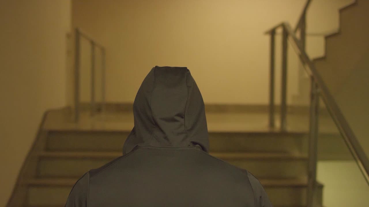 밤 에 계단 을 내려가는 사람