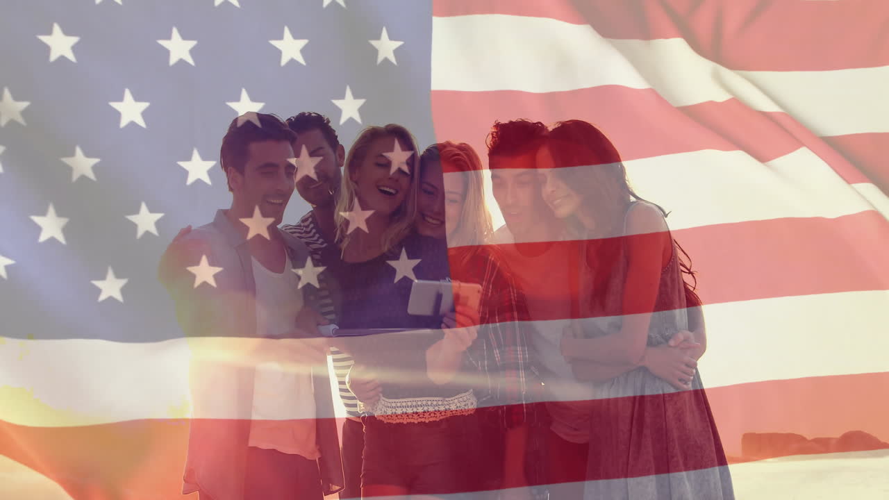 여름에 해변에 있는 다양한 친구들 위에 있는 미국 발의 애니메이션