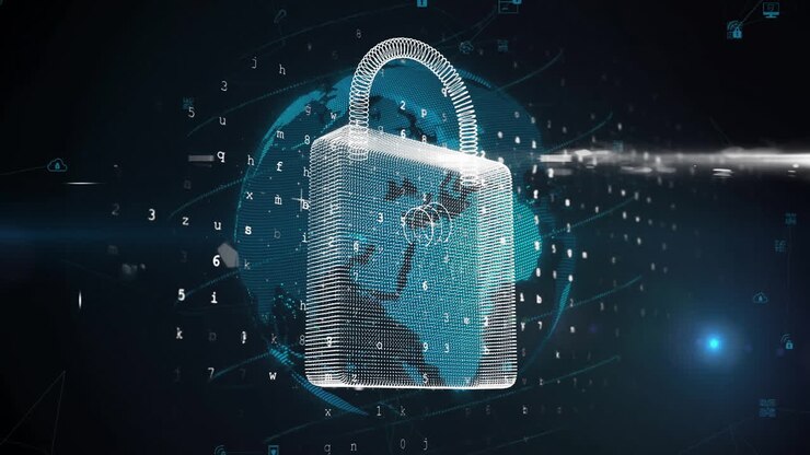 3D padlock floating over digital globe, streaming code and drifting lock and cloud icons
