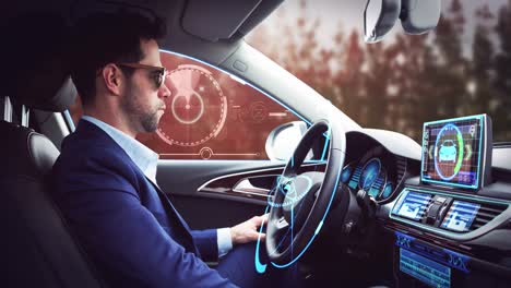 animation of scope scanning over businessman wearing vr headset in self driving car