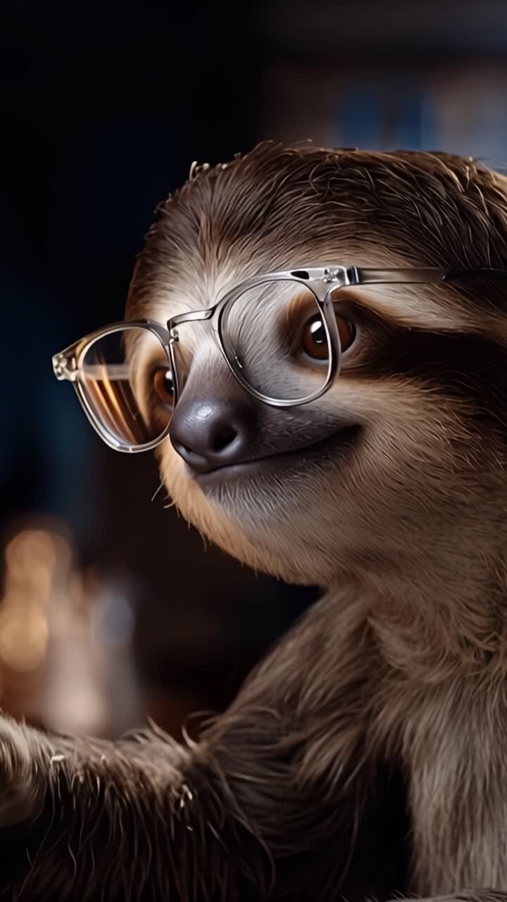 Un perezoso encantador con gafas elegantes mira pensativamente a la distancia, irradiando una personalidad deliciosa y peculiar que capta la atención y la admiración.