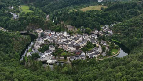 esch sur sure, luxembourg, historic small village in the north of luxembourg. aerial video