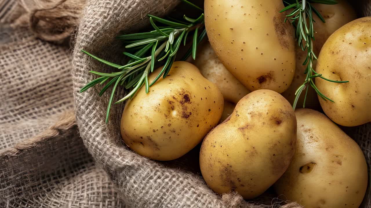 Golden potatoes and fragrant rosemary nestled within weathered burlap, showcasing rustic farm fresh ingredients against textured natural background