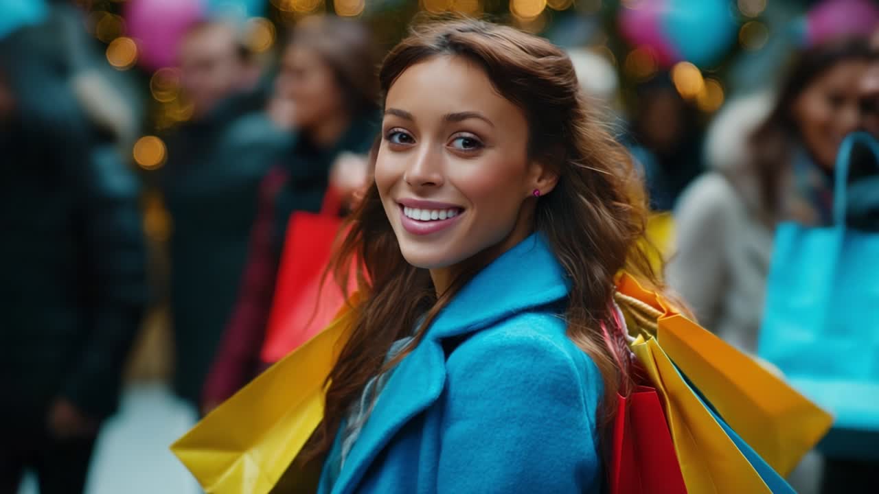Joyful Young Woman with Colorful Shopping Bags Smiling in a Festive Environment Surrounded by Holiday Decorations and Lights, Capturing the Excitement of Shopping During a Vibrant Celebration Season