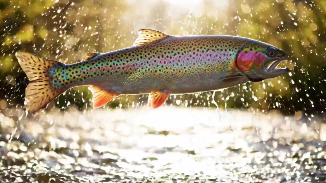 En farverig regnbueørred springer elegant op af det funklende vand og skaber et betagende syn af naturens skønhed og ro under det bløde sollys.