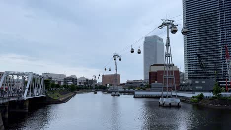 Urban-cable-cars-glide-over-a-river-flanked-by-skyscrapers-on-a-cloudy-day