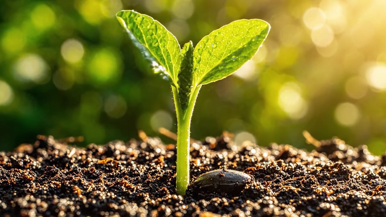Il viaggio della crescita: una piantina si fa strada nel terreno sotto la luce radiosa del sole, simboleggiando il rinnovamento e la promessa di nuova vita nel ciclo della natura.