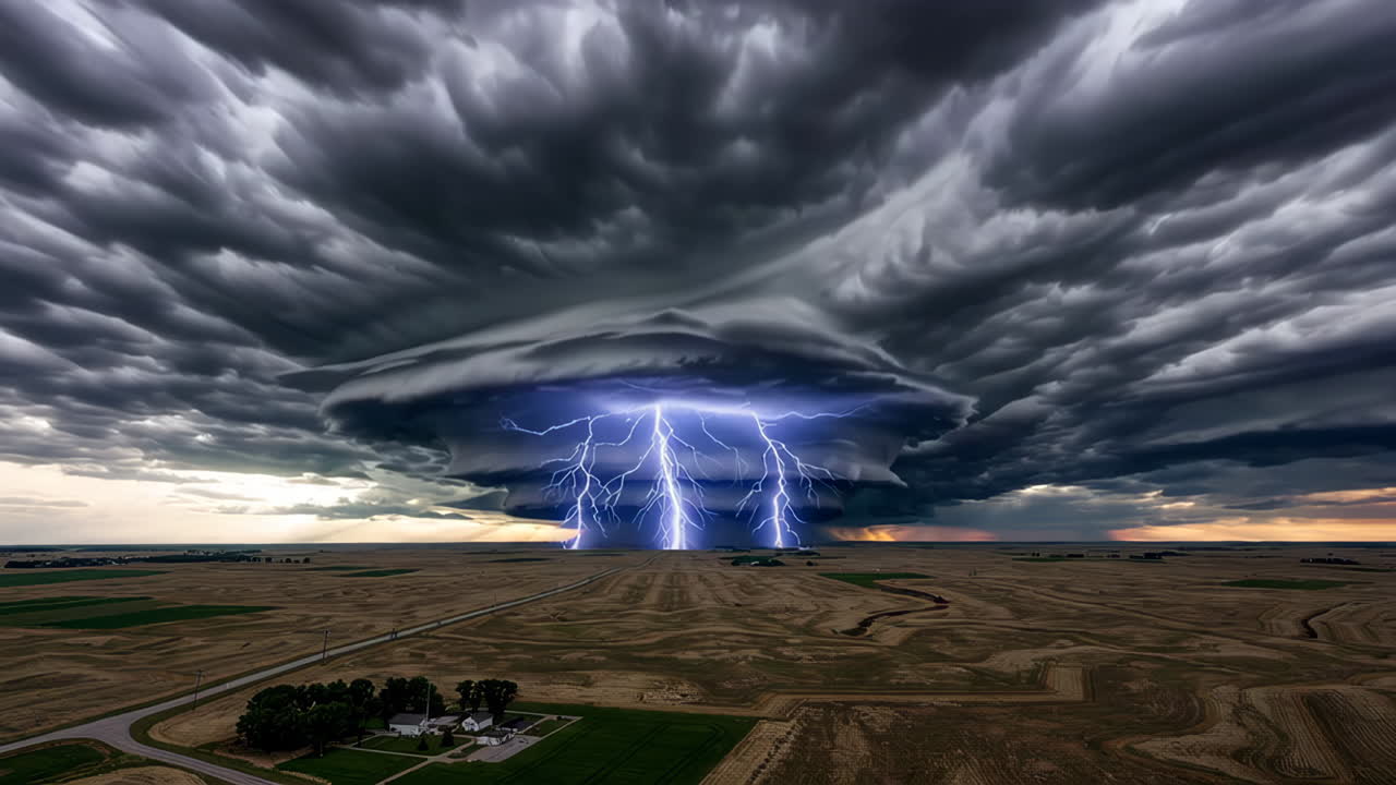 Una potente tempesta supercella con fulmini su un paesaggio rurale.
