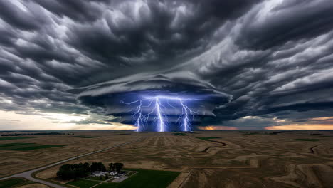 a powerful supercell storm with lightning over a rural landscape