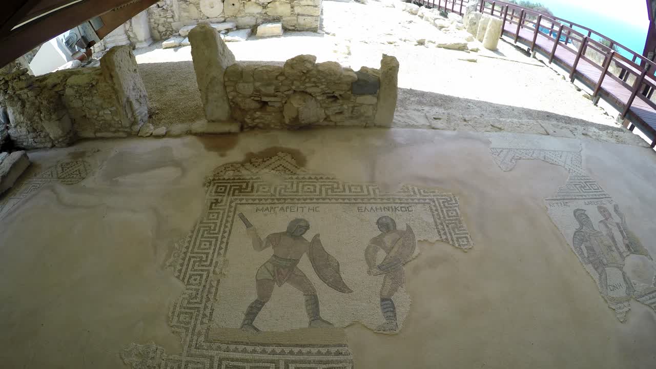 Ancient mosaics depicting gladiators from the Kourion Archaeological Site, Cyprus