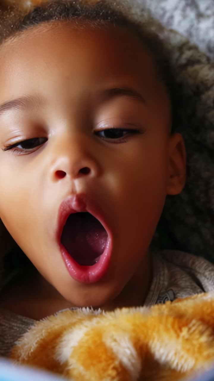 A Child's Journey from Yawning to Joy: Capturing Genuine Emotion and Expression Through Playful Moments with a Cozy Blanket in a Comfortable Setting