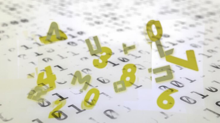 Animation of floating letters and numbers over scientific data processing on white background