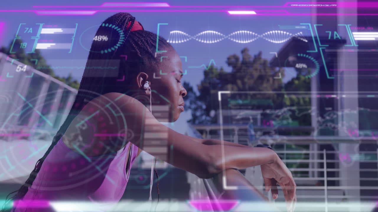 animación de pantallas con procesamiento de datos sobre mujer afroamericana haciendo ejercicio