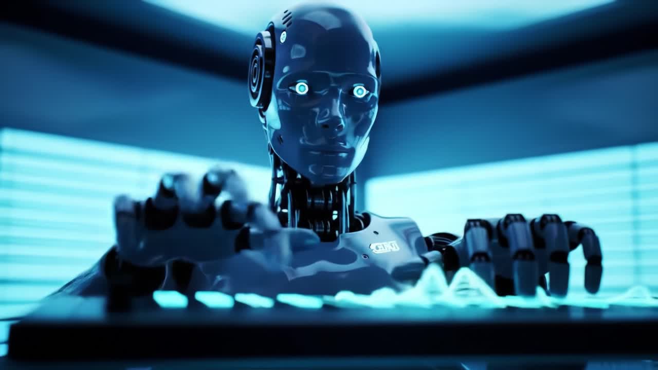 A futuristic robotic entity engaged in advanced computational tasks, showcasing intricate design and glowing features that illustrate the harmony between technology and creativity