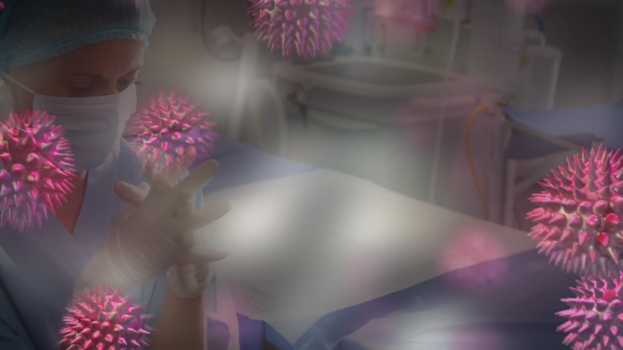 Animation of spreading coronavirus covid19 with healthcare worker in background