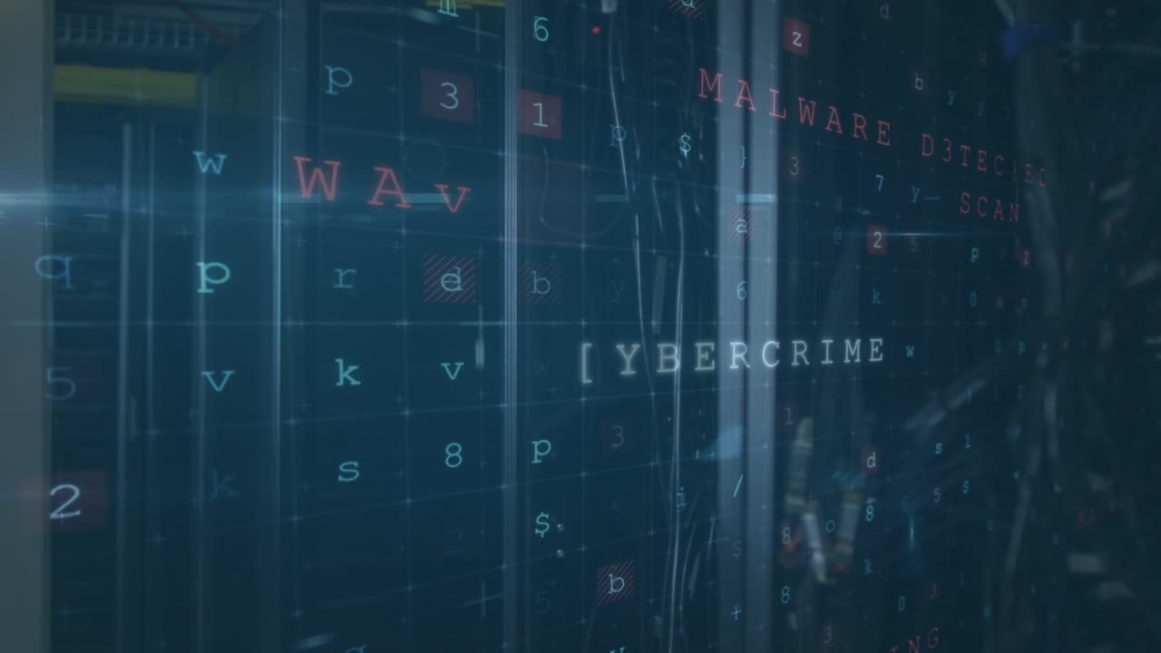 Animation of data processing with cyber attack warning over server room