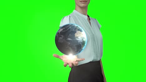 Mujer-De-Negocios-Con-Animación-De-Globo-Frente-A-La-Pantalla-Verde