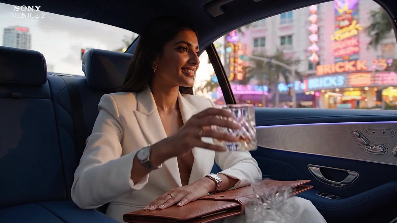 Mujer elegante en coche de lujo disfruta de una bebida mientras contempla un vibrante paisaje urbano lleno de luces y vida, capturando un momento de sofisticación y aventura