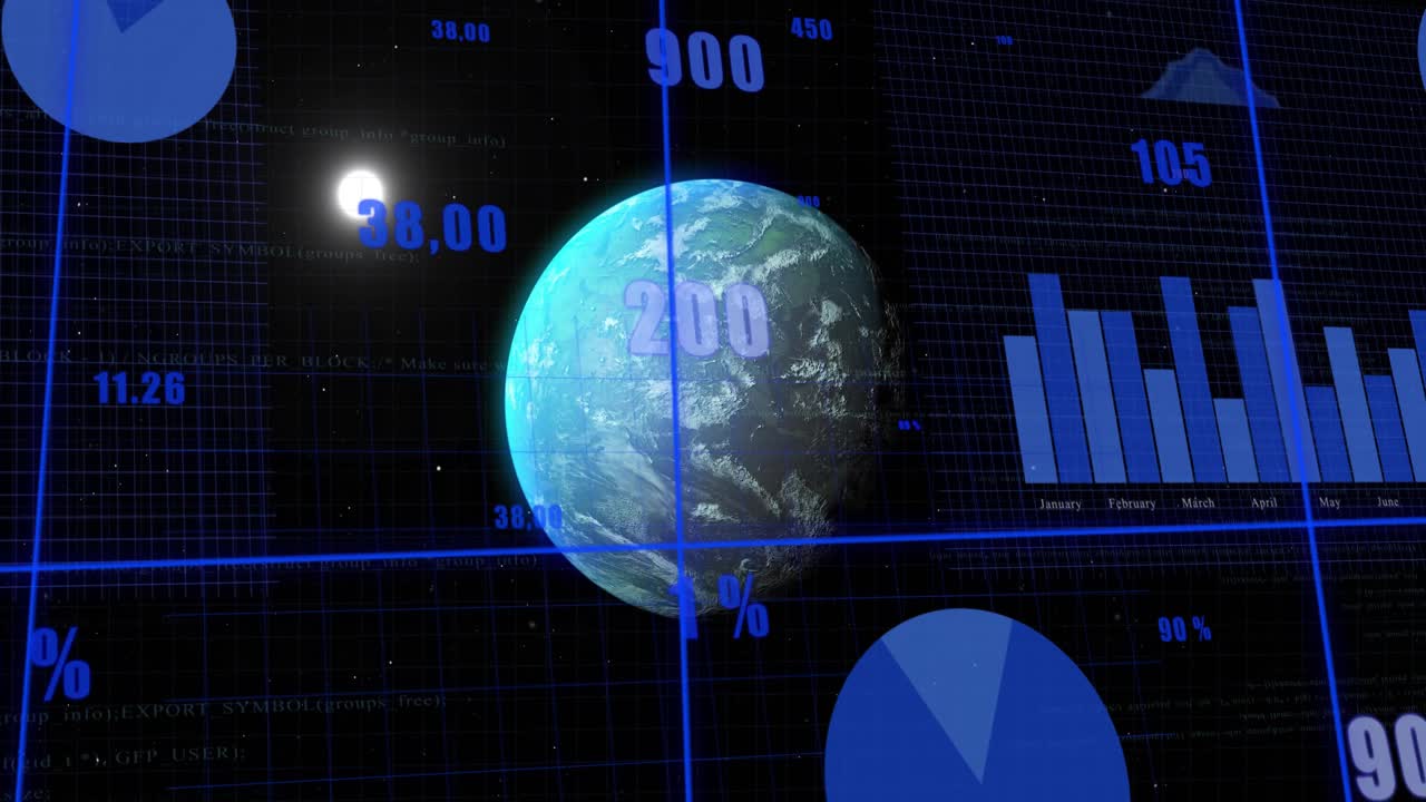 3D Earth globe popping against starry grid, rotating as charts and labels updating tracking trends