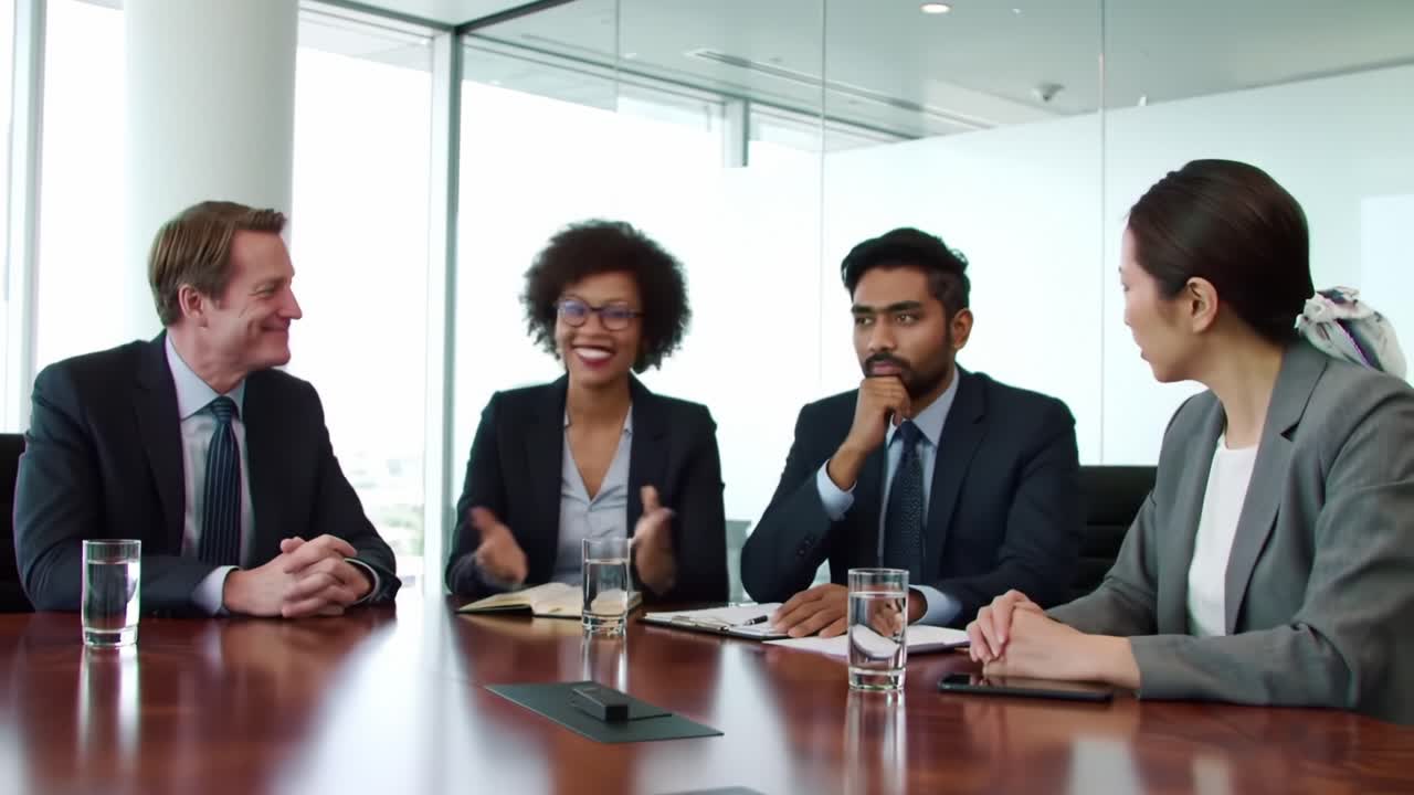 Engaging Business Meeting: A Diverse Group of Professionals Collaborate, Discuss Ideas, and Share Insights Around a Conference Table in a Modern Office Environment