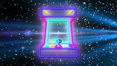 animation of neon arcade machine over snow and stars on black background