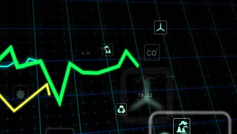 gráfico de línea verde y animación de iconos ambientales sobre el fondo de la cuadrícula