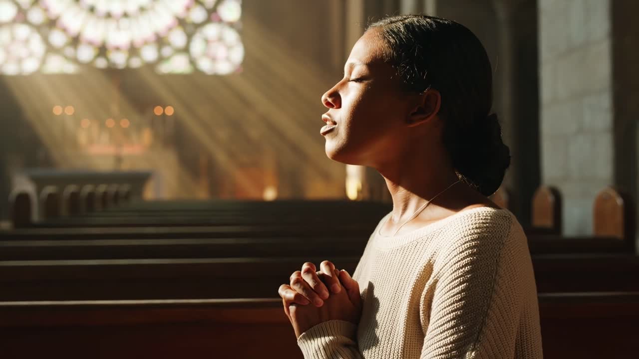 A serene video still of a woman praying in a church, captured from a side angle with soft light