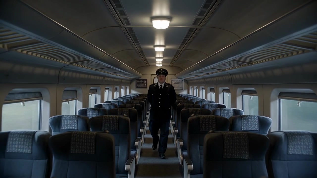 Идущий проводник в форме идет по проходу в движущемся поезде, осматривая парные сиденья и окна.
