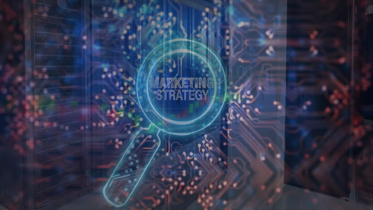 Animation of marketing strategy text over reading glass and server room