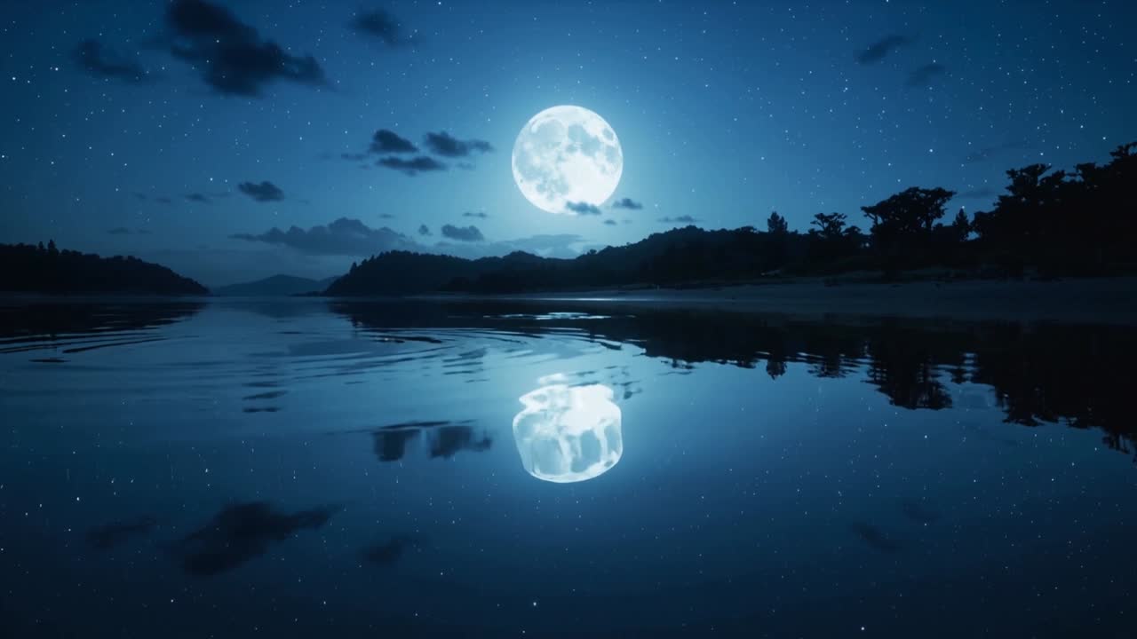Rippling lake water causing full moon reflection wobbling on calm night, ripples traveling outward