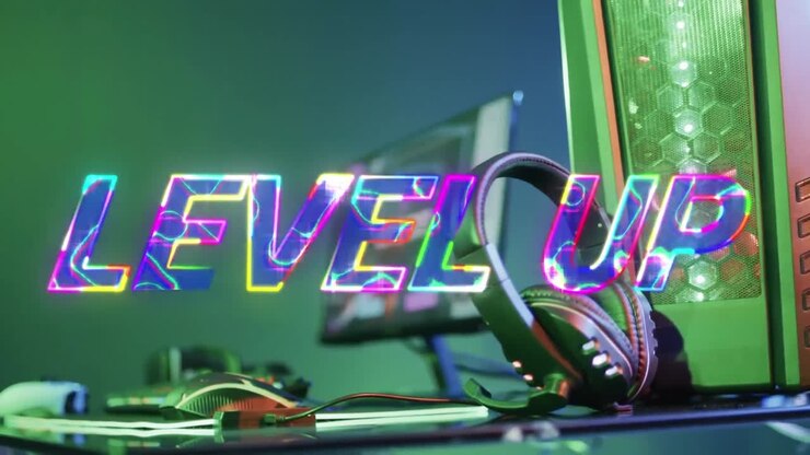 Animazione del testo 'level up' su attrezzatura da videogioco su sfondo al neon.