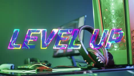 animación de texto de nivel sobre equipo de videojuego en fondo de neón