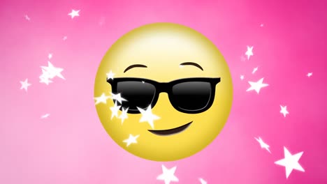 Animation-of-white-stars-moving-over-winking-emoji-in-sunglasses-on-pink-background