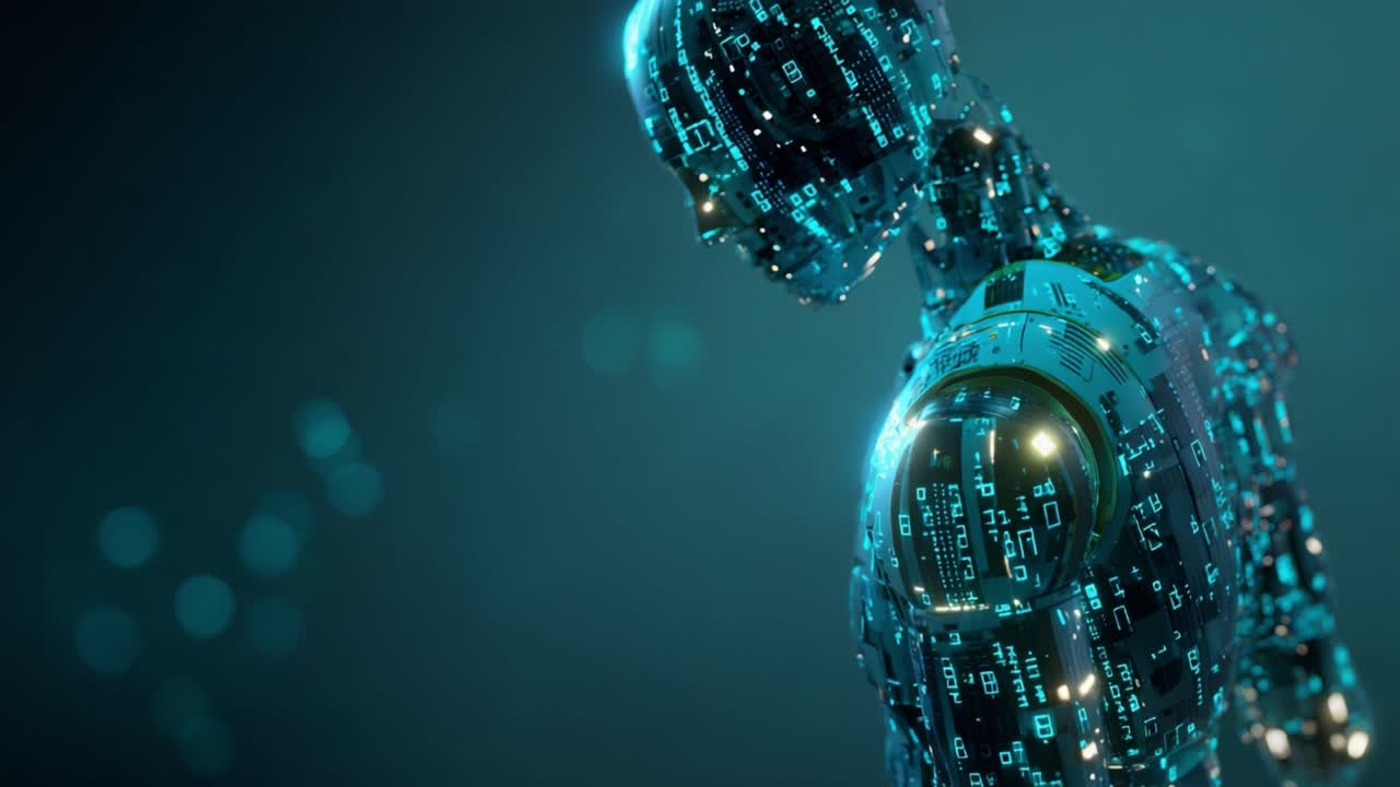 Futuristic bionic man with glowing blue circuit board skin slowly walking in a dark environment with bokeh effects, representing the concepts of loneliness, depression, and advanced technology