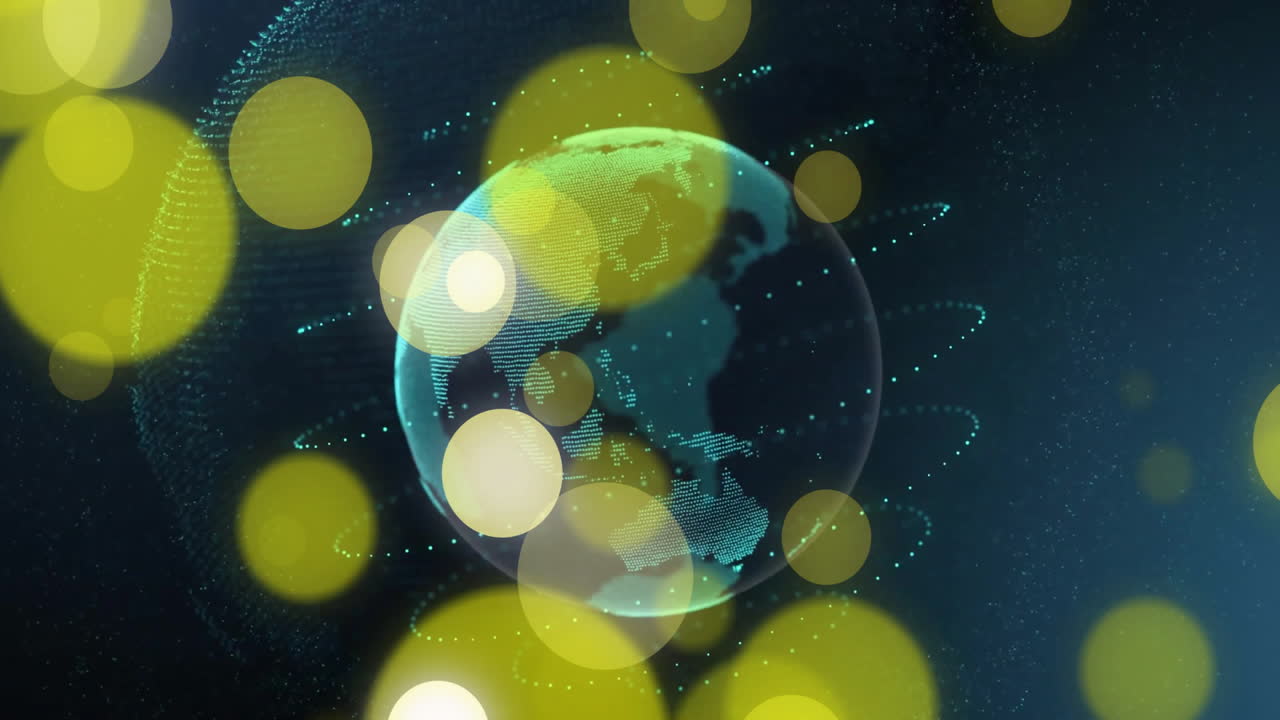 데이터 포인트와 함께 회전하는 디지털 글로브 위에 반이는 노란색 원 애니메이션