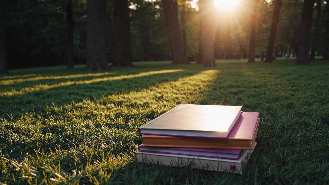 Pila di libri posata sull'erba in un parco al tramonto