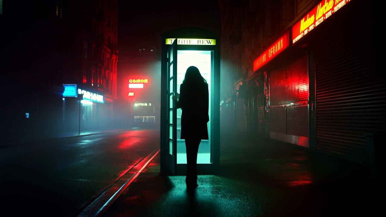 Silhouette of Person Entering Glowing Phone Booth on Foggy City Street at Night