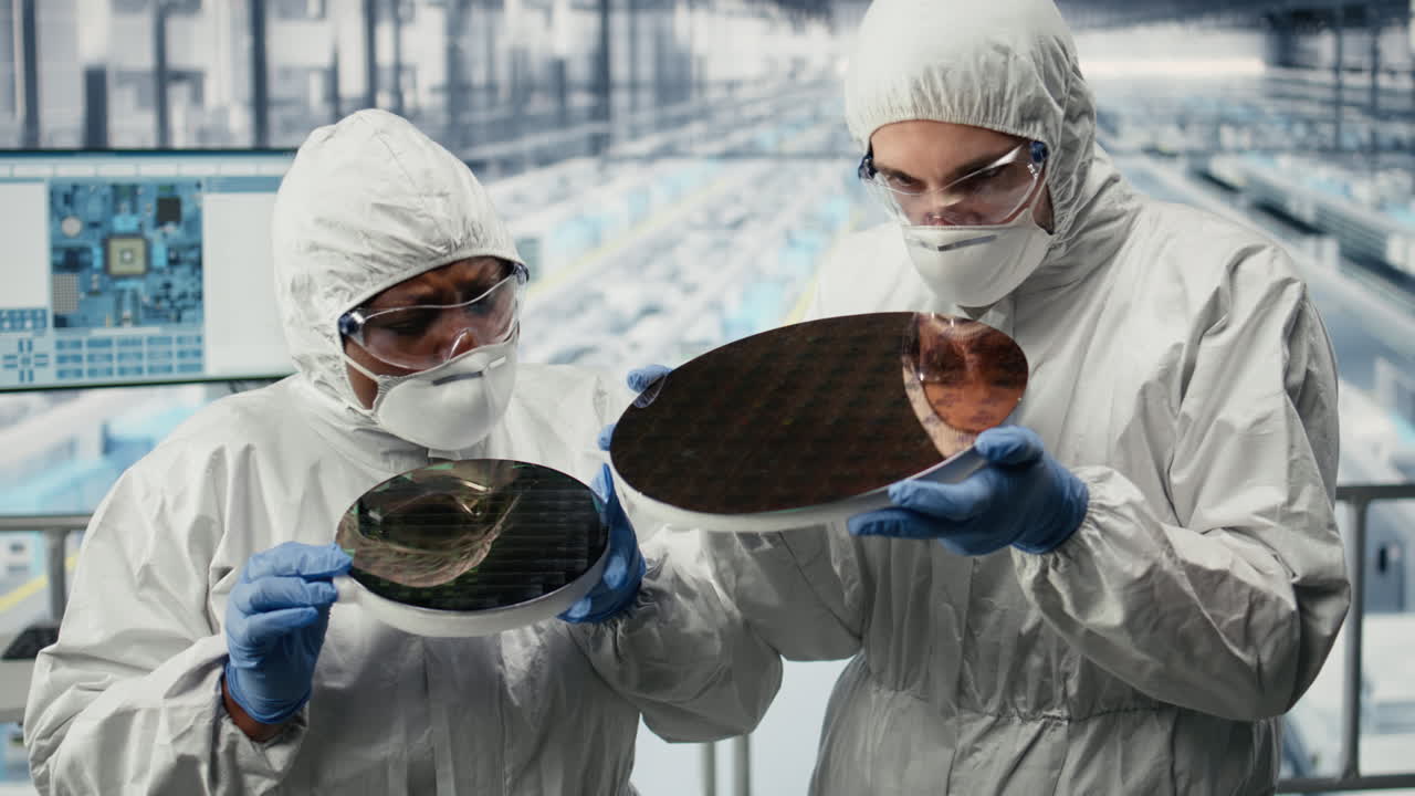 Sviluppatori hardware in una fabbrica di microchip che utilizzano l'IA per ottimizzare i semiconduttori