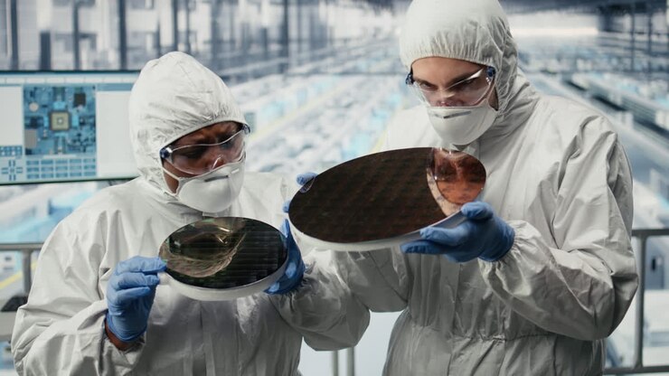 Sviluppatori hardware in una fabbrica di microchip che utilizzano l'IA per ottimizzare i semiconduttori