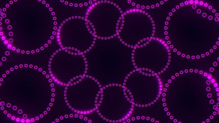 Cerchi viola neon a spirale con punti su sfumatura nera