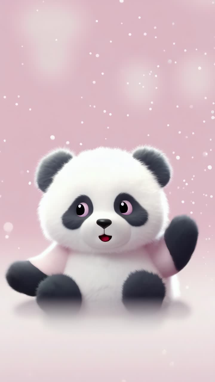 Un simpatico panda di peluche si trova su uno sfondo rosa con puntini simili a neve