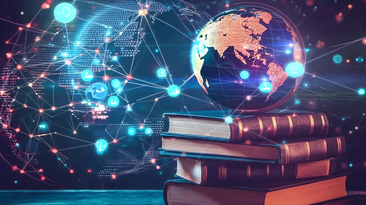 그 위에 지구본이 있는 책 더미