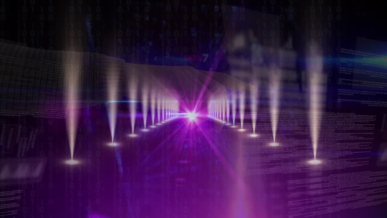 Animation of glowing lights over data processing on dark background