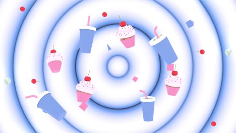 3d cupcakes and fizzy drinks background animation