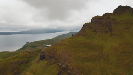 aerial shot revealing the old man of storr, isle of skye, scottish highlands, scotland, united kingdom