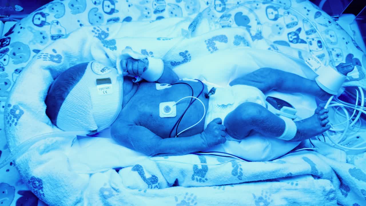 Neonato prematuro che allunga braccia e gambe sotto fototerapia a luce blu. Unità di Terapia Intensiva Neonatale (Bambino in TIN).