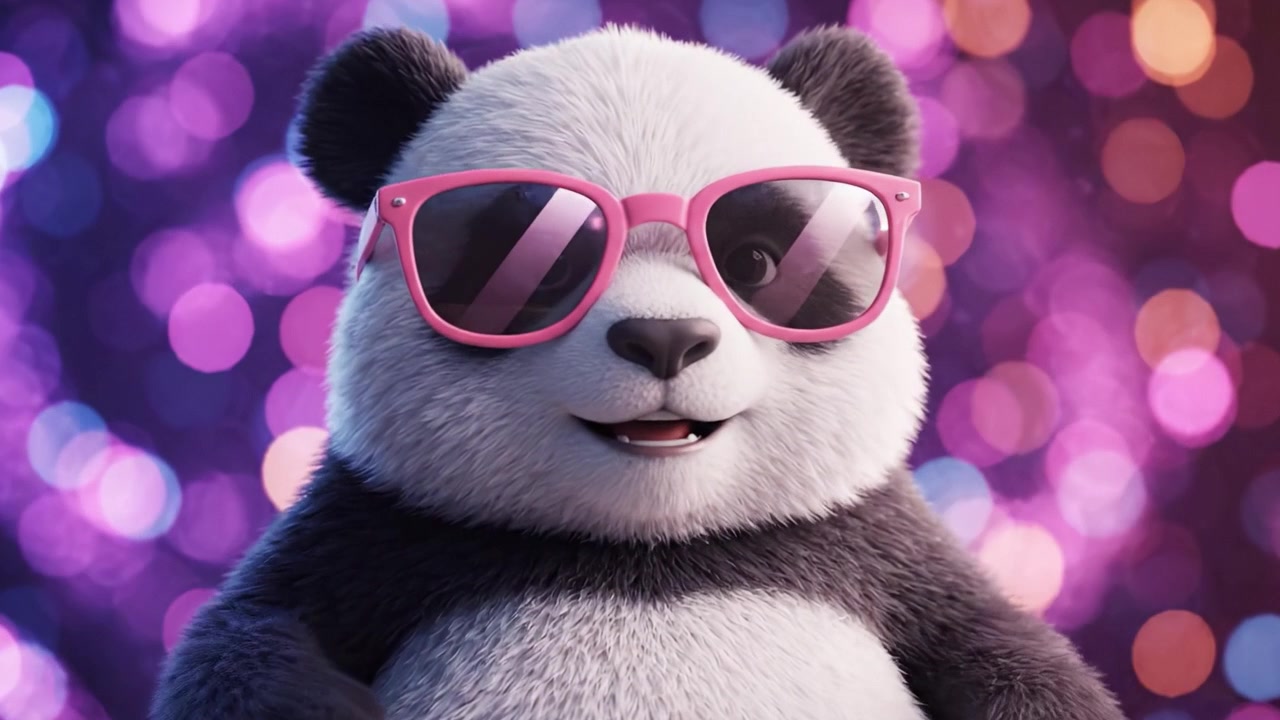 Un affascinante panda dei cartoni animati con occhiali da sole rosa alla moda posa su uno sfondo bokeh colorato, emanando un'atmosfera divertente e giocosa, perfetto per gli appassionati di animazione e arte dei personaggi.