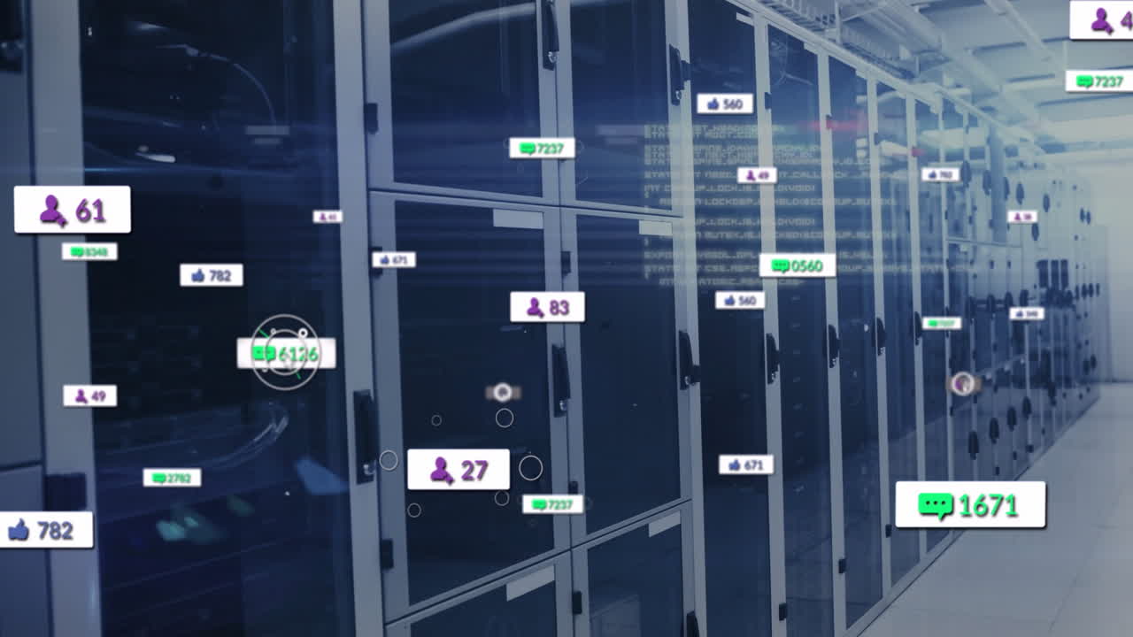 Data processing animation over server room with social media interaction icons