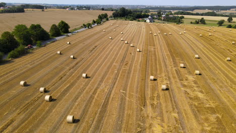 Vista-Aérea-Sobre-Campos-De-Fardos-De-Heno-En-Una-Granja-Polaca-En-El-Norte-De-Europa