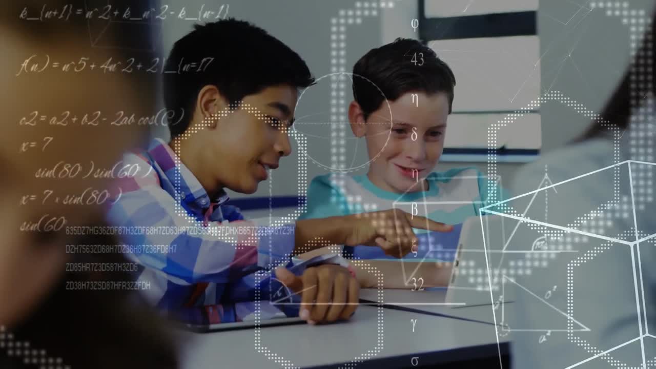 escolares estudiando mientras las formas y el texto se mueven